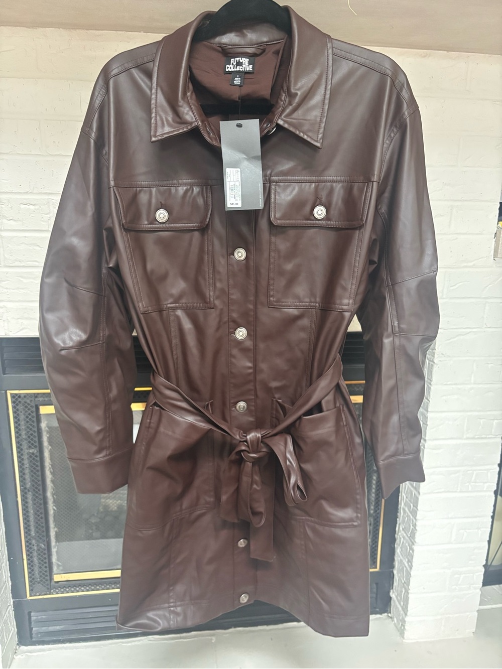 Future Collective Brown Faux Leather Belted Trench Jacket